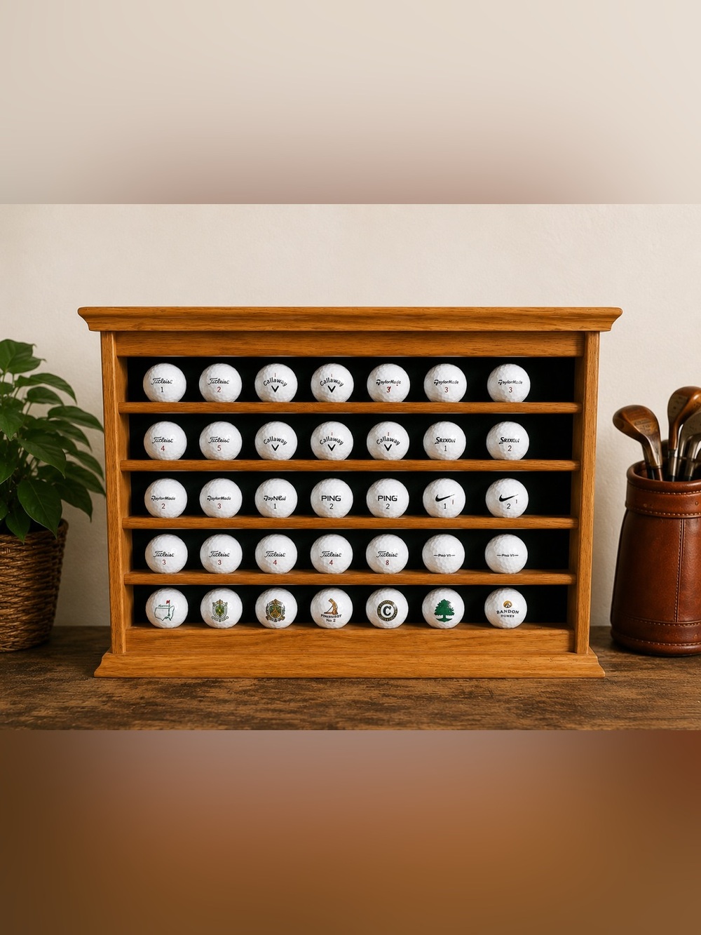 Vintage Oak Golf Ball Display Rack Holder | Wall Shelf Display Case